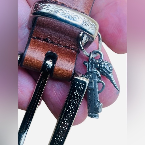 Footjoy Brown Genuine Leather Belt with Silver Buckle and 2 Golf Charms Sz Small - Picture 3 of 5